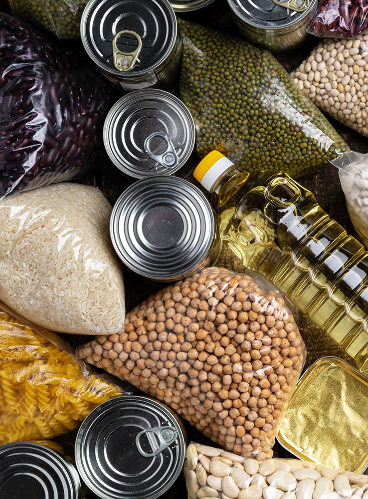 Grocery staples: dry beans, rice, oils, canned foods.
