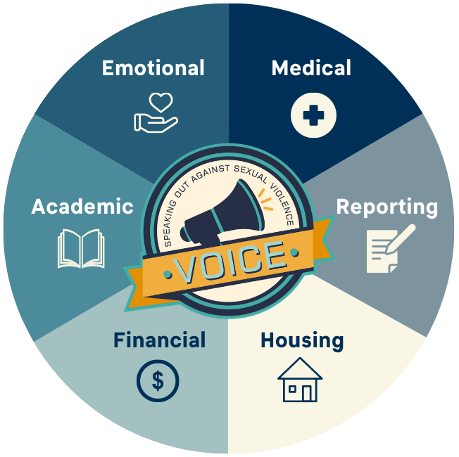 VOICE Advocate Graphic with the words Emotional, Acdemic, Financial, Housing, Reporting, and Medical on it.