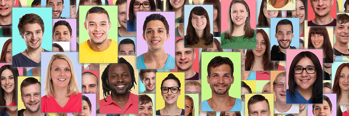 Dozens of portraits of a multiracial group of people.