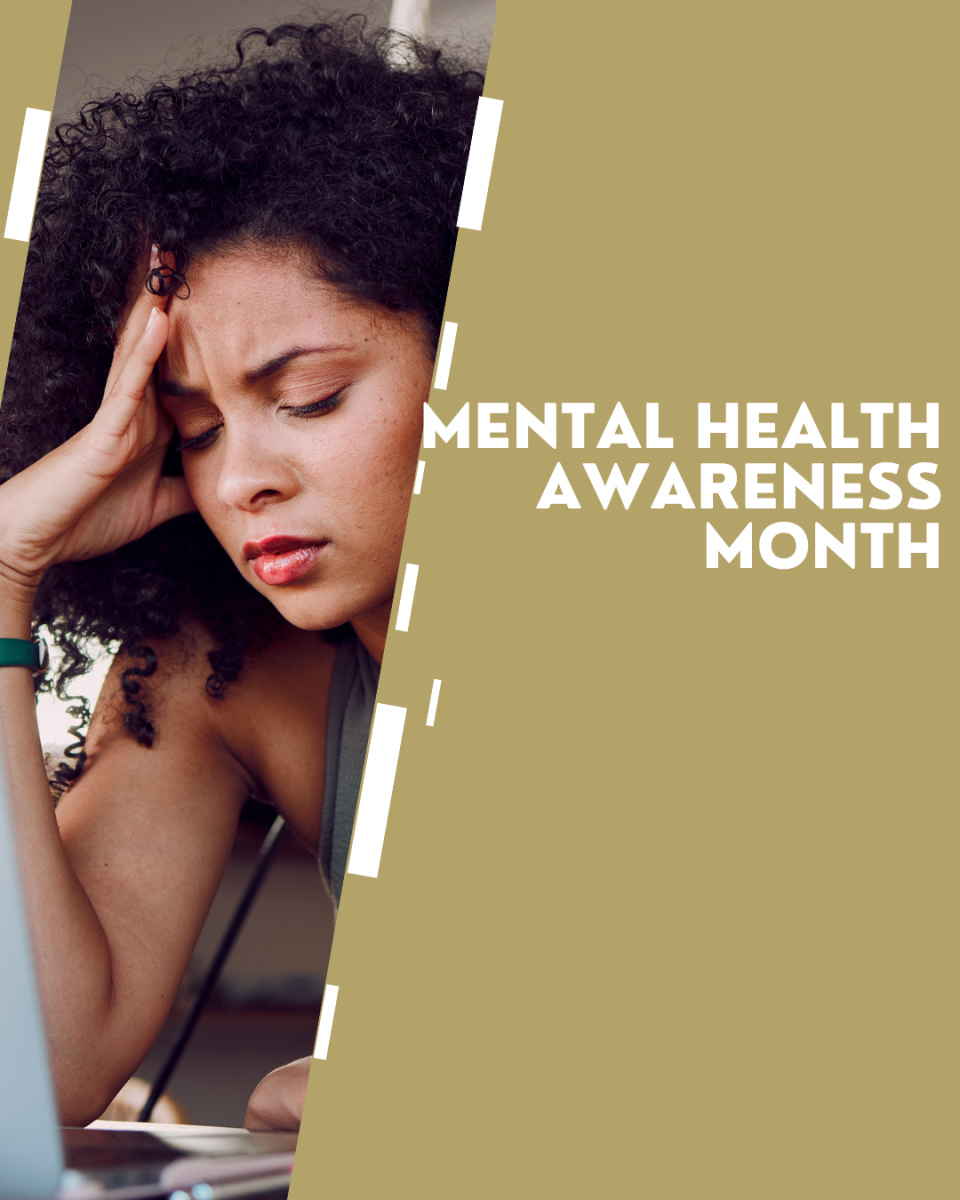 mental health awareness month. Woman holding head. 